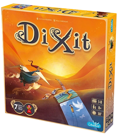 Caixa do jogo de cartas Dixit, com ilustrações de estilo surrealista